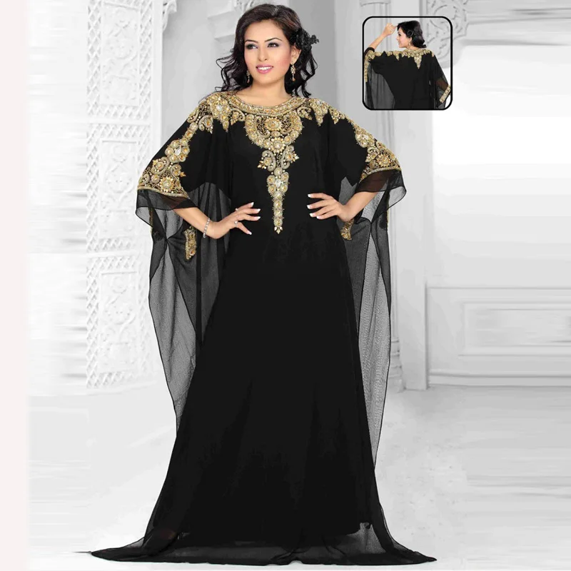 

Custom Robes Three Quarter Sleeve Islamic Chiffon Gold Crystals Beading Evening Party gown Muslim mother of the bride dresses