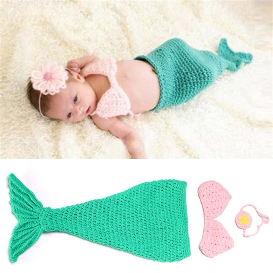 Crochet Green Mermaid Newborn Baby Photography Props Infant Girl
