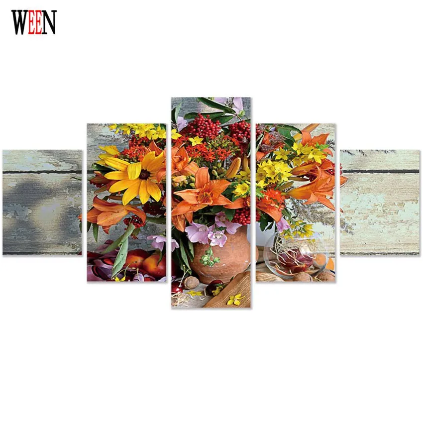 

WEEN Framed 5 canvas Flower and Fruit Picture HD Printed Wall Canvas Art Stretched And Framed For Living Room Cuadros Decoracion