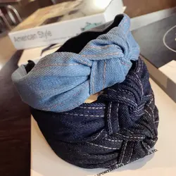 2019 Женская милая бант широкая повязка для волос повязка на голову джинсовая ткань мода с бантом украшения для волос оптом