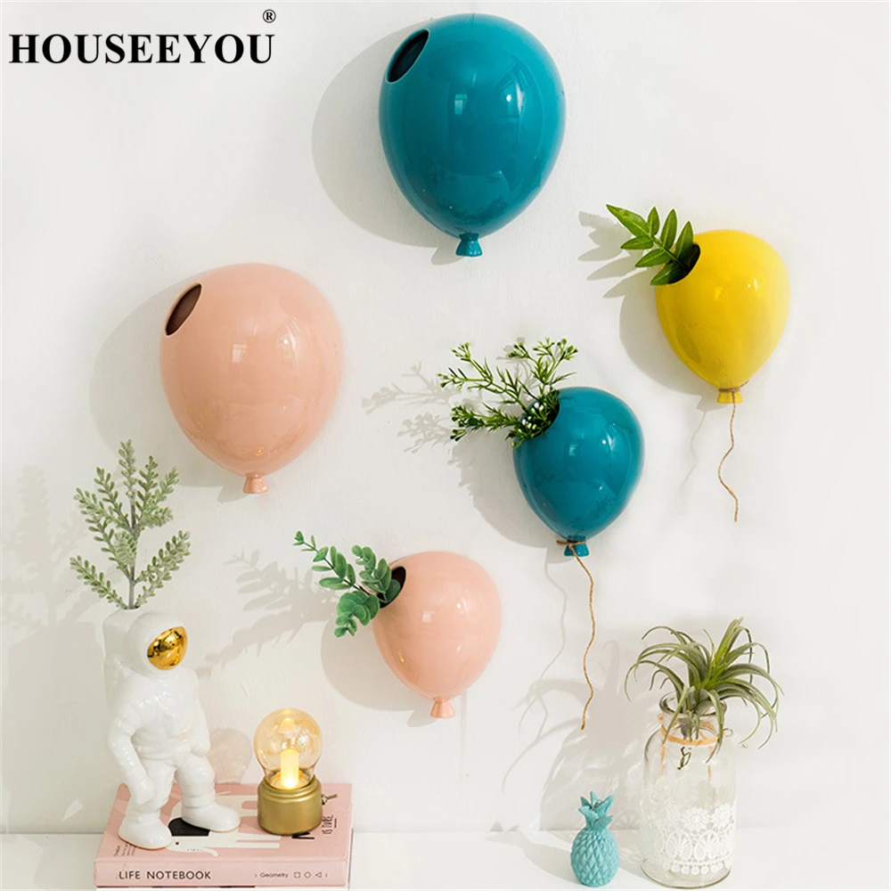 Creative Colorful Ceramic Balloon Wall Hanging Flower Pot Flowerpot Children Kids Room Flower Vase Home Office Wall Decoration 2