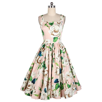 

2016 Summer New Hepburn Vintage Camellia Print A-Line Sleeveless Square Collar Knee-Length Lady Dress Small Fresh