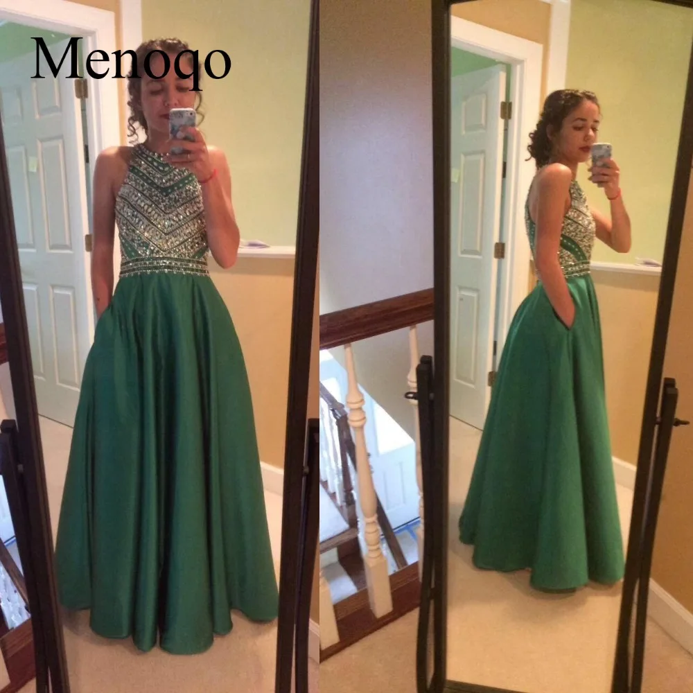 

Green Crystals Prom Dresses 2019 Party Dress with Pockets Beadings Satin Long Formal Evening Gowns Junior High Graduation Dress