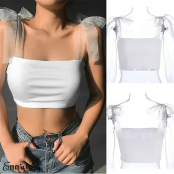 Women Casual Sexy Solid Color Sleeveless Bow-Knot Bandage Vest Tube Crop Top Bralet Sheer Mesh Lace T-Shirt Cami Tank Top S M L knot front spot crop top