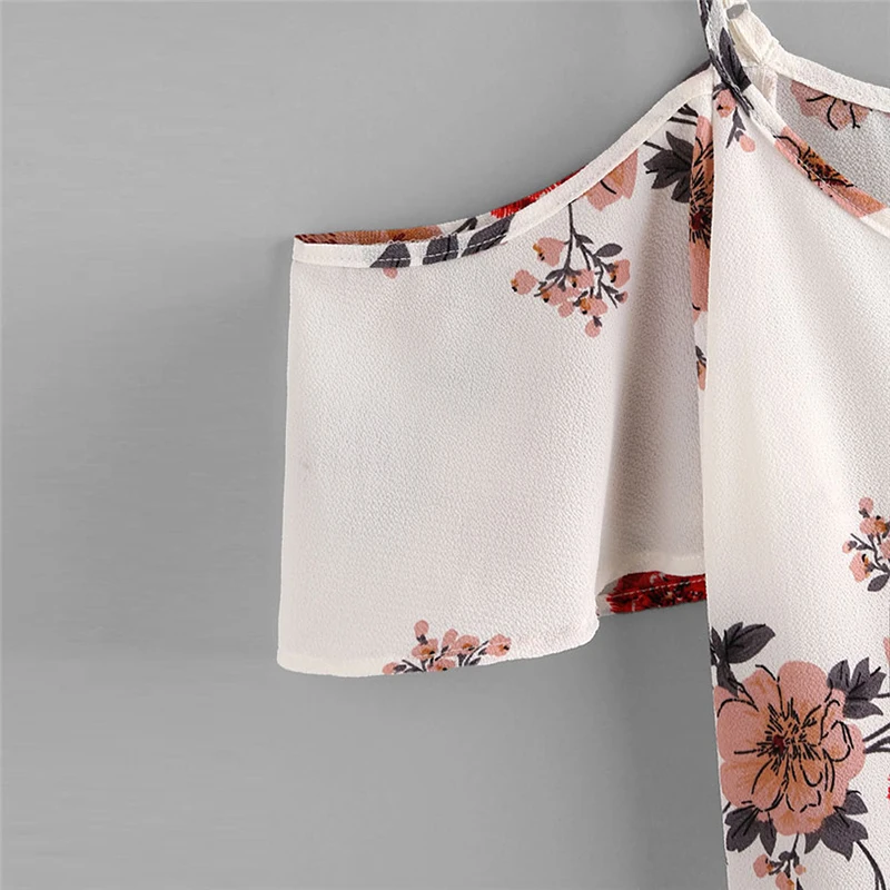Летние женские блузки сексуальное с открытыми плечами цветочный принт короткая