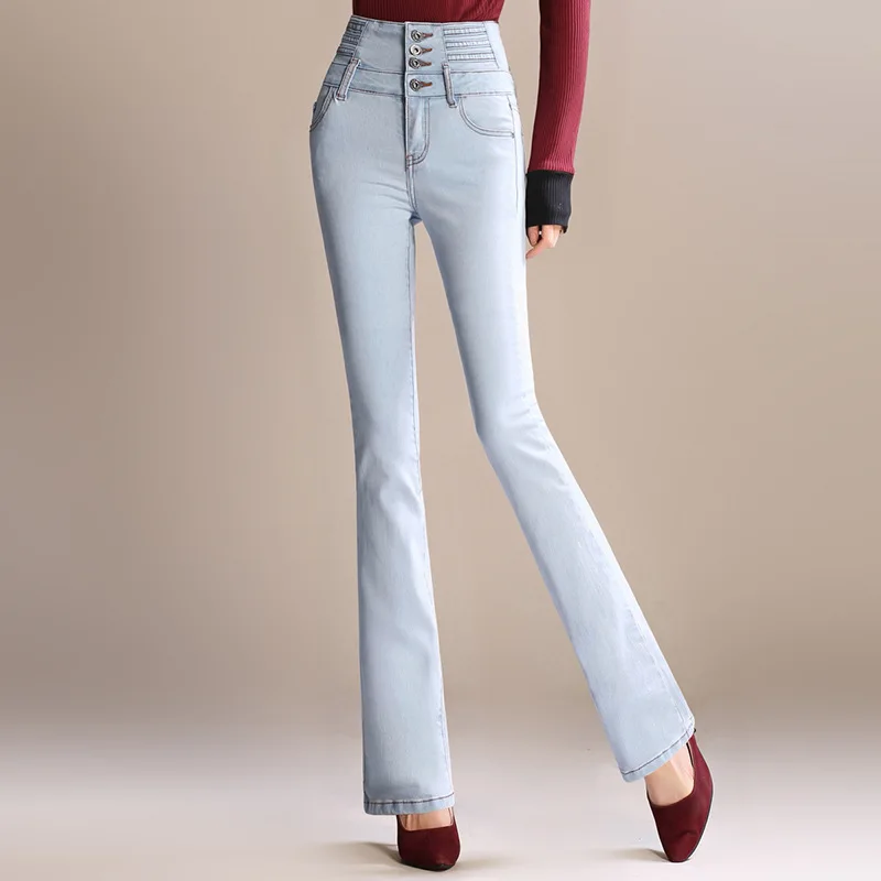 Новое поступление женские Выбеленные деним, джинсы для женщин расклешенные брюки с высокой талией женские узкие повседневные джинсы боты плюс размер - Цвет: white smoke blue