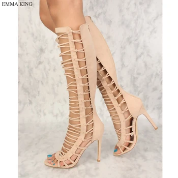 

EMMA KING 2018 Solid Summer Narrow Band Thin Heel Knee High Ankle Wrap Open Toed High Heels Stilettos Party Sandals Gladiator