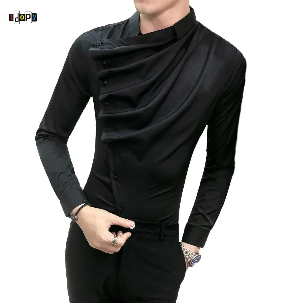 

Idopy Men Shirt Korean Style Irregular Solid Long Sleeve Slim Fit Cool Punk Dress Shirt Night Club Tuxedo Shirt For Men
