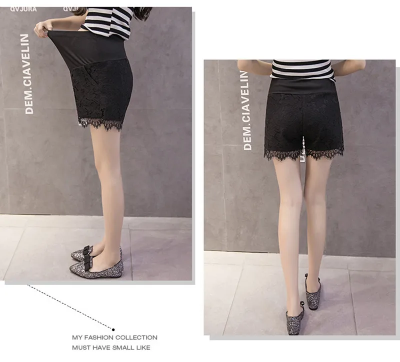 Мода для беременных шорты эластичный пояс живота шорты для беременных женский, черный Кружева Беременность Короткие штаны Летние B0389