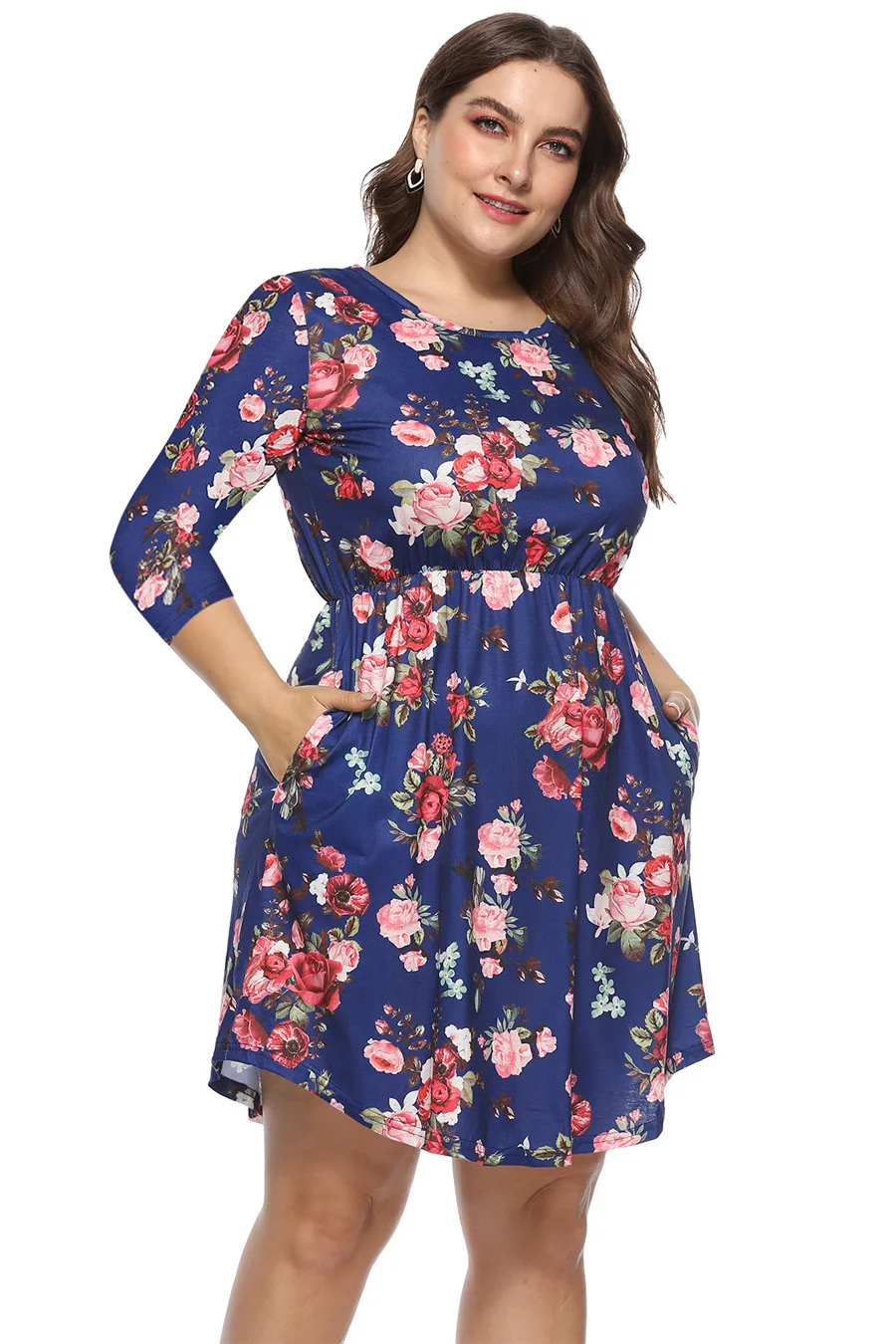 Gladiolus Floral Print Women Summer Dress O-Neck 34 Sleeve Empire Waist Casual Knee-Length Dress Autumn Vestidos Plus Size 4XL  (14)