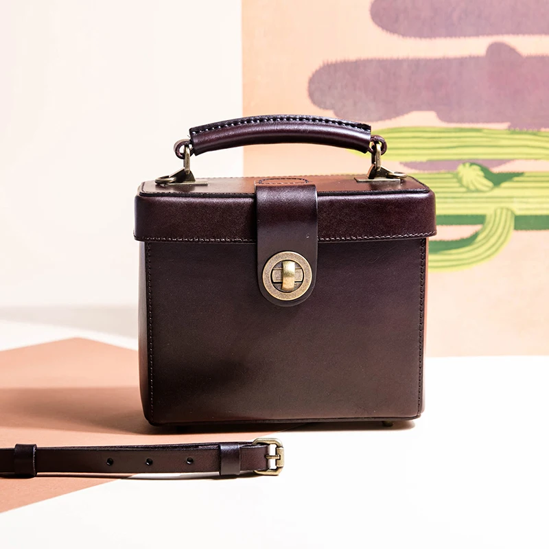 

WOONAM Handmade Bag Retro Handbag Natural Genuine Cowhide Leather Hard Small Box Flap Shoulder Bag WB459