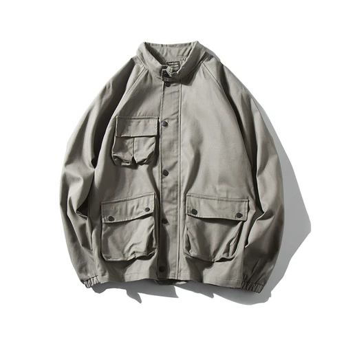 Винтажная Легкая Серая винтажная мужская куртка-карго с карманами, японское Пальто Harajuku Chore - Цвет: Dark Gray