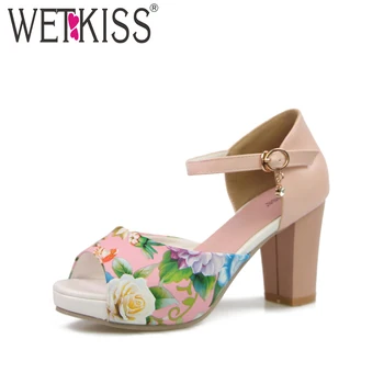 

WETKISS 2019 Mary Jane Sandals Fashion Thick Heels Ankle Strap Flower Print Color Matching Peep Wedding Sandals Platform Sandals