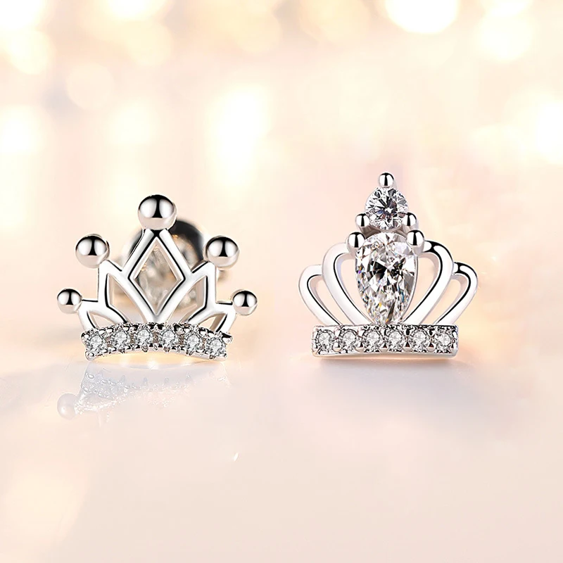 

Multistyle Crown Shape Metal Stud Earrings luxe style Female Models 925 Silver Jewelry Inlay White CZ Zircon Earring For Women