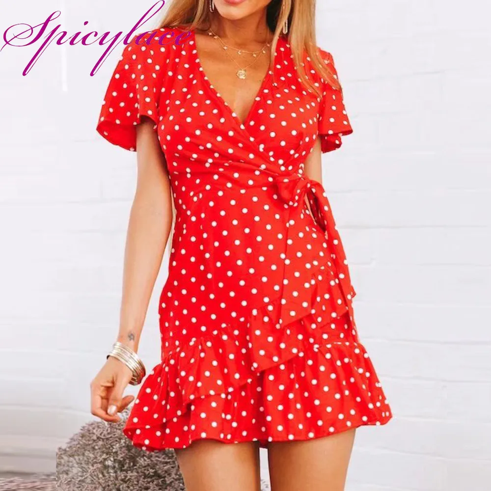 

Spicylace Summer 2018 Women Sexy V-Neck Dresses Wrap Dot Elegant Casual Street-wear Dresses Mini Beach Holiday Vestido