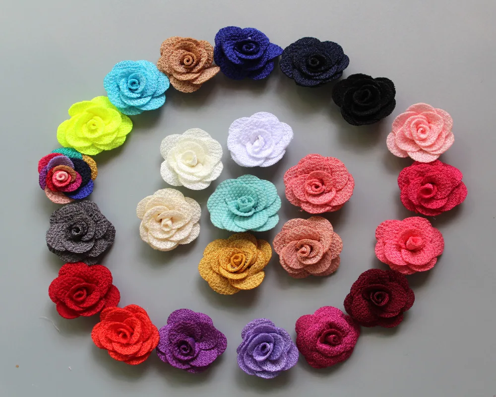 

30pcs/lot New Arrival 2.5cm Mini Burlap Flowers Felt Back Fabric Rosettes DIY Flowers For Hair Accessories Girl Headbands