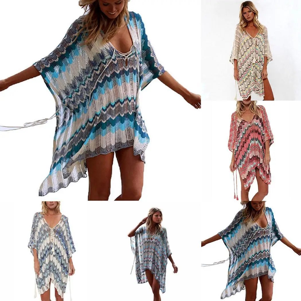 

Women Summer Beach Bikini Cover-Up V-Neck Hollow Multicolor Cover-up Out Print Fishnet Tops Half Sleeve
