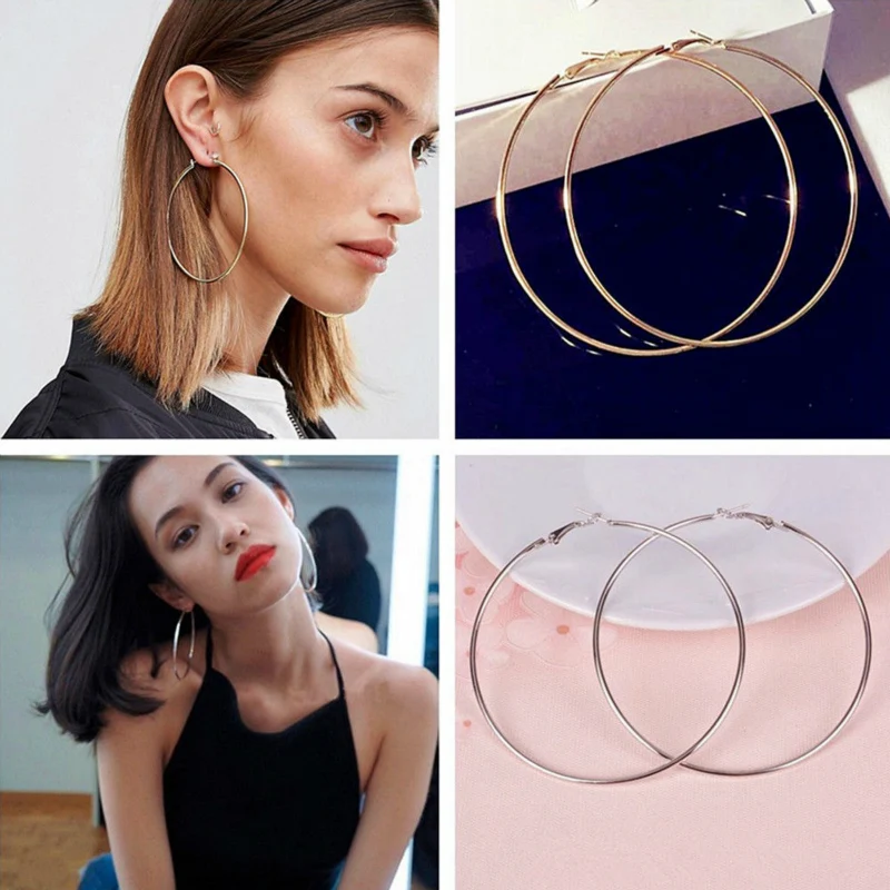 

1pair Punk Hyperbole Exaggeration Nightclub Alloy Silver Gold Round Loop Hoop Big Circle Earrings