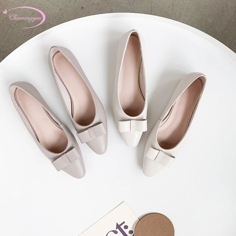 

Korean casual style comfortable round toe real leather flat with shoes fashion bowknot cowhide slip-on beige grey women's shoes
