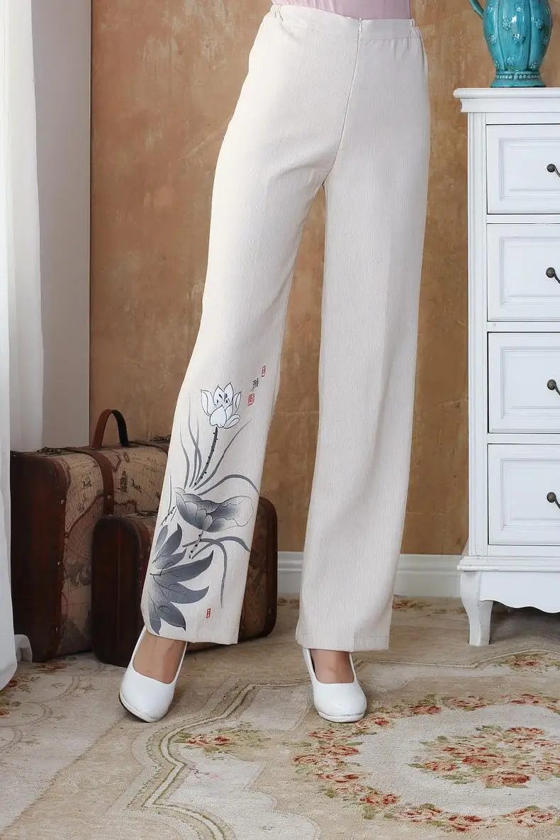 Зеленые китайские традиционные женские хлопковые льняные брюки свободные повседневные брюки с широким клешем цветок плюс размер M L XL XXL 3XL 4XL 2502-1 - Цвет: Beige