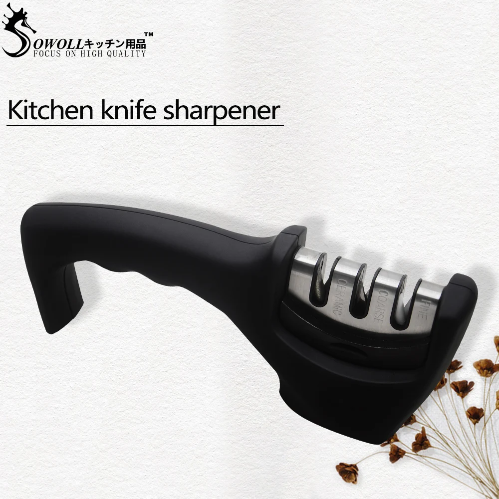 

Sowoll Black 3 Holes Knife Sharpener Stainless Steel Knife Sharpener ABS Handle Easy-Use Knife Sharpening System Kitchen Tool