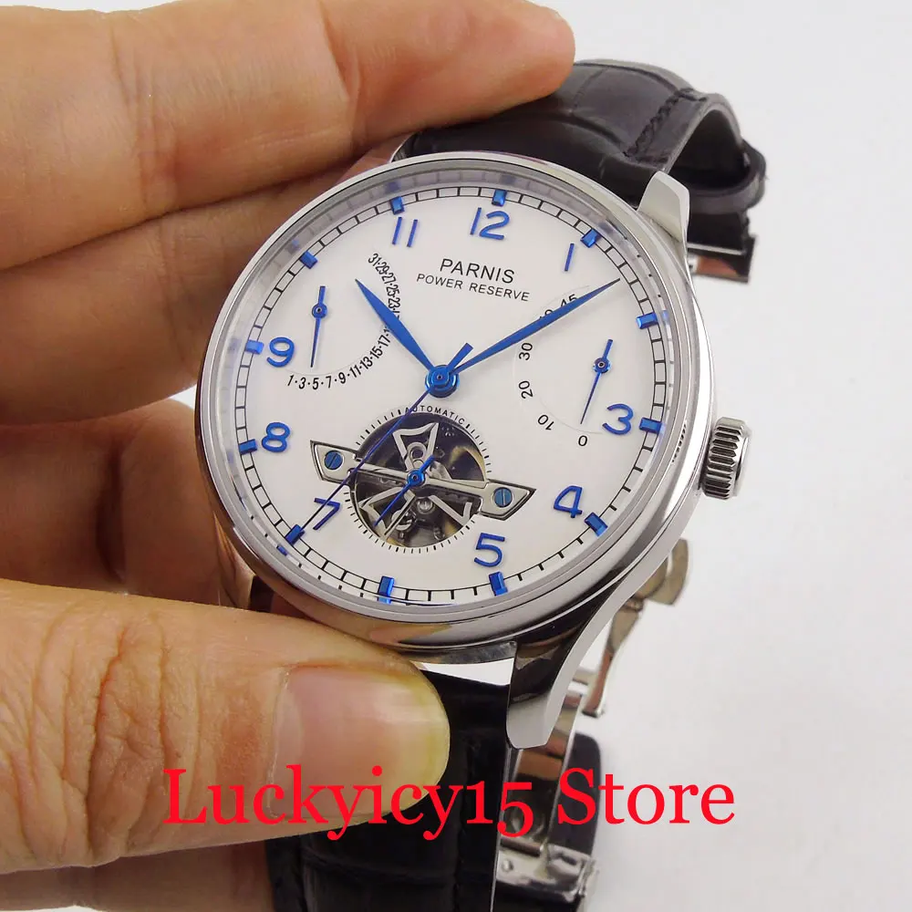 

PARNIS Fashion 43mm Automatic Men's Watch With Power Reserve and Date Indicator Black Leather Strap