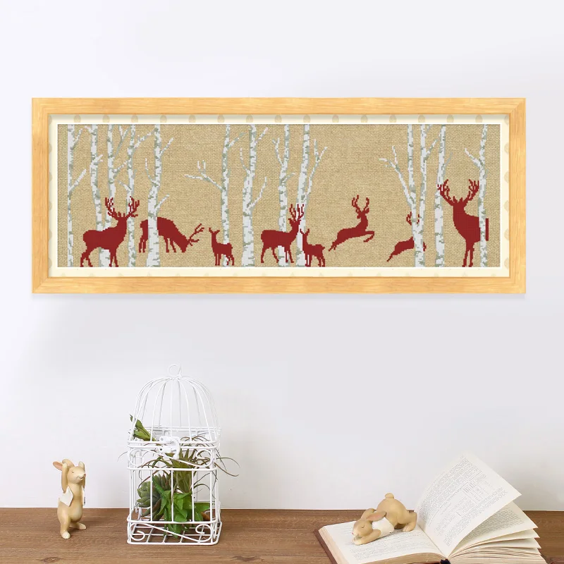 

Christmas deer cross stitch kit simple tree forest animal 14ct 11ct linen flaxen canvas embroidery DIY needlework