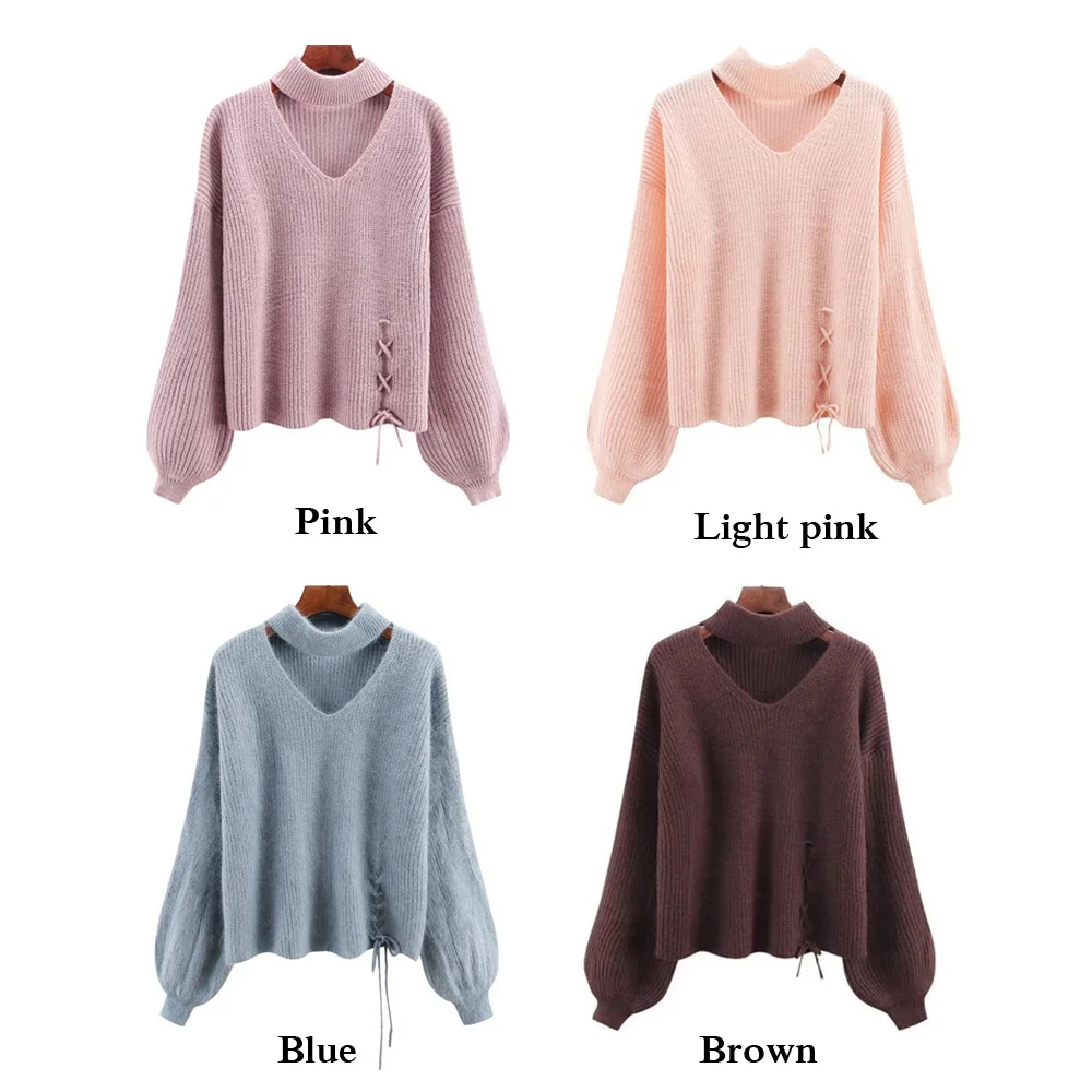 Wipalo, женский свитер и пуловеры, Осень-зима, джемпер с вырезами, v-образный вырез, рукав-фонарик, толстые свитеры с чокером, одноцветные, для женщин