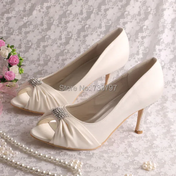 Beige Satin Open Toe Shoes Women Wedding Bridal Pumps 8CM Heel with Charm