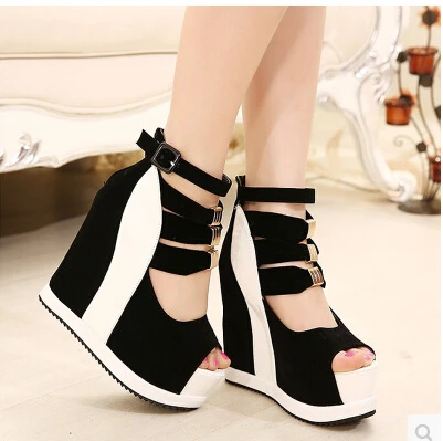 Women Platform Sandals 2015 Wedges 14cm Fish Mouth Color Matching Summer Sweet Woman Shoes High heel