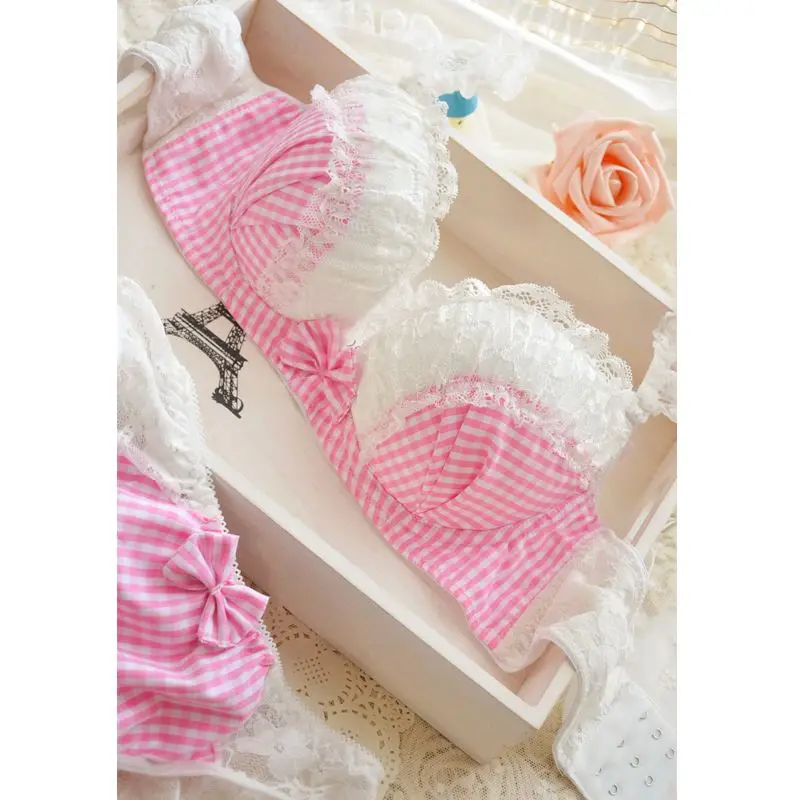 Super Cute Plaid Girls Bra Lingerie Set Lovely Lacework Push Up Women