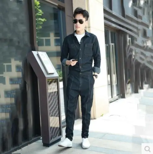 

HOT 2017 New Men's Clothing slim long sleeves denim overalls jumpsuit trousers casual one piece jeans set singer costumes M-XXL