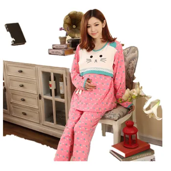 

Cotton Winter Maternity Sleepwear Suit Pregnant Pajamas Cartoon Nursing Tops+Pants Breast Feeding Nightgown For Pregnant Women