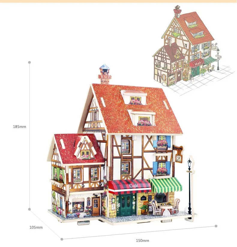 3D деревянная головоломка DIY Модель Детская игрушка французский стиль Кофейня головоломка, головоломка 3d здание, деревянные пазлы
