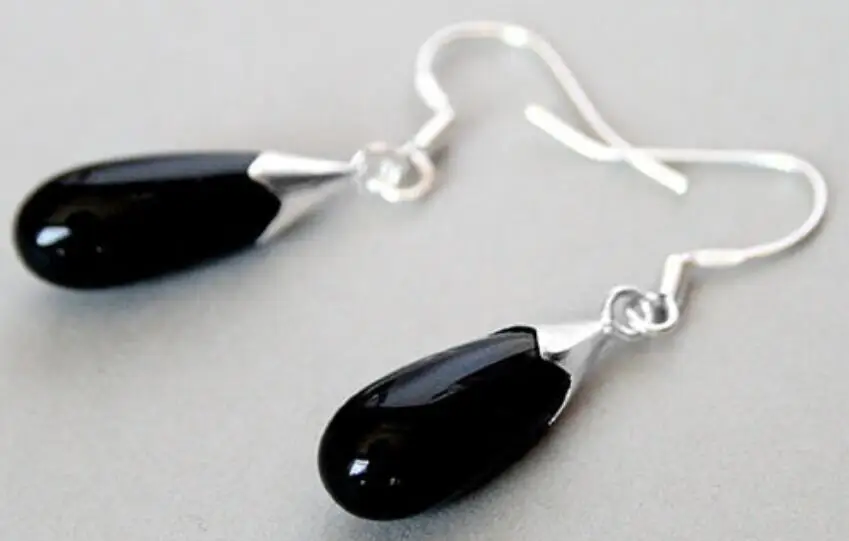 

fashion lady's New Pair black Natural stone &925 Sterling Silver Earrings