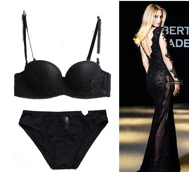 Koop Borduurwerk push up geen schouder tape antislip sexy formele kleding beha set bruiloft verstelbare