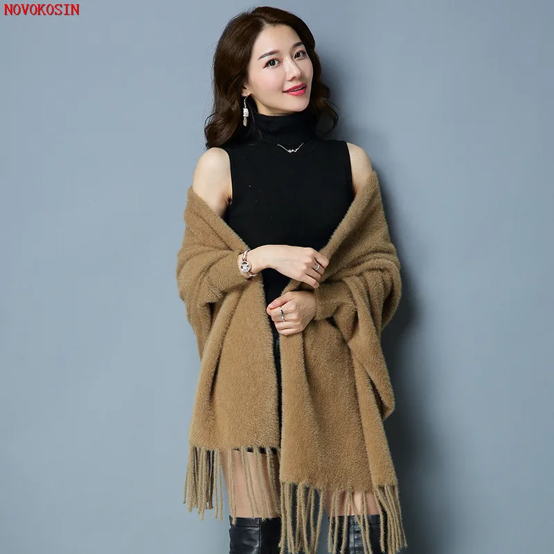 

SC133 2018 Autumn New Fashion Stole Women Cardigan Shawl Winter Warm Knitted Plus Soft Imitation Velvet Tassel Solid Pashmina