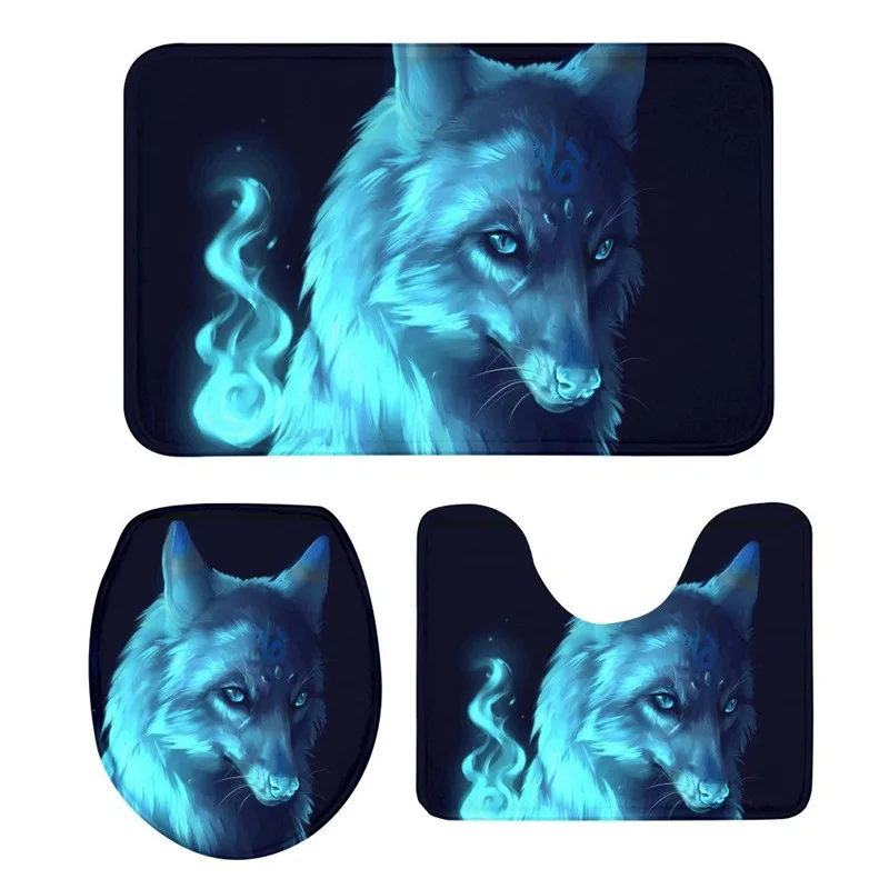 

3Pcs Toilet Seat Cushion Suit Cool Animal Wolf 3D Printing Doormats Non-Slip Suction Grip Bath Mat Kitchen Washroom Bathroom Rug