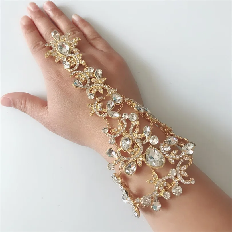 

Rhinestone Handmade Bride Bridal Wedding Gold Flower Silver Bracelet & Adjustable Ring Set Slave Glove Wristband Lolita Gothic