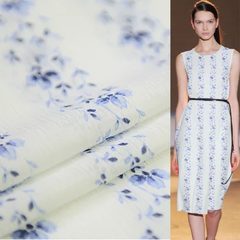 

Blue mini floral stripe design special crinkle silk and cotton blended fabric 15momme 114cm width,SCT311