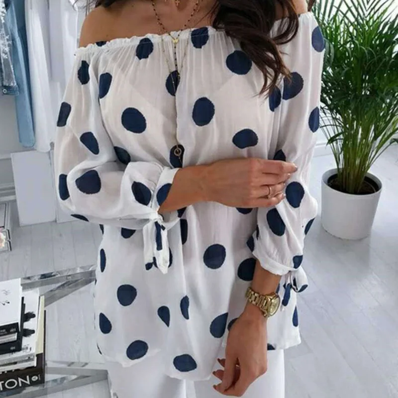 

Female Blouse Cute Polka Dot Chiffon Blouse Blouses Women Shirts Sexy Off Shoulder Blusas Female Casual Shirts Autumn Top