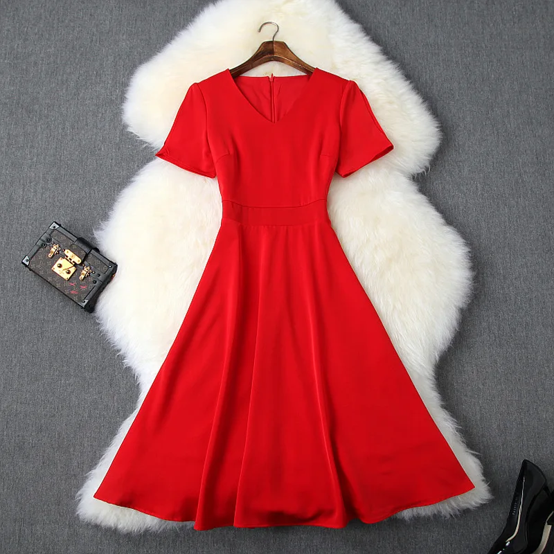 

Red Dress Women 2019 Spring Summer New V-Neck Short Sleeves Simple Fashion Empire Waist Solid Color Slim A-Line Dress Female