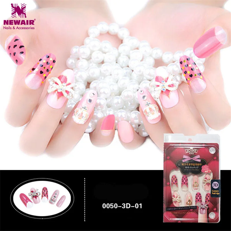 

24pcs 3D False Nails Decoration With Bow Crown Long Full Cover Pink Fake Nail Tips for Wedding Party
