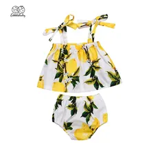 Милый Летний комплект из 2 предметов для маленьких девочек, кофта с открытыми плечами без рукавов с принтом лимона, топы, шорты, трусы, Fille Jolie, одежда