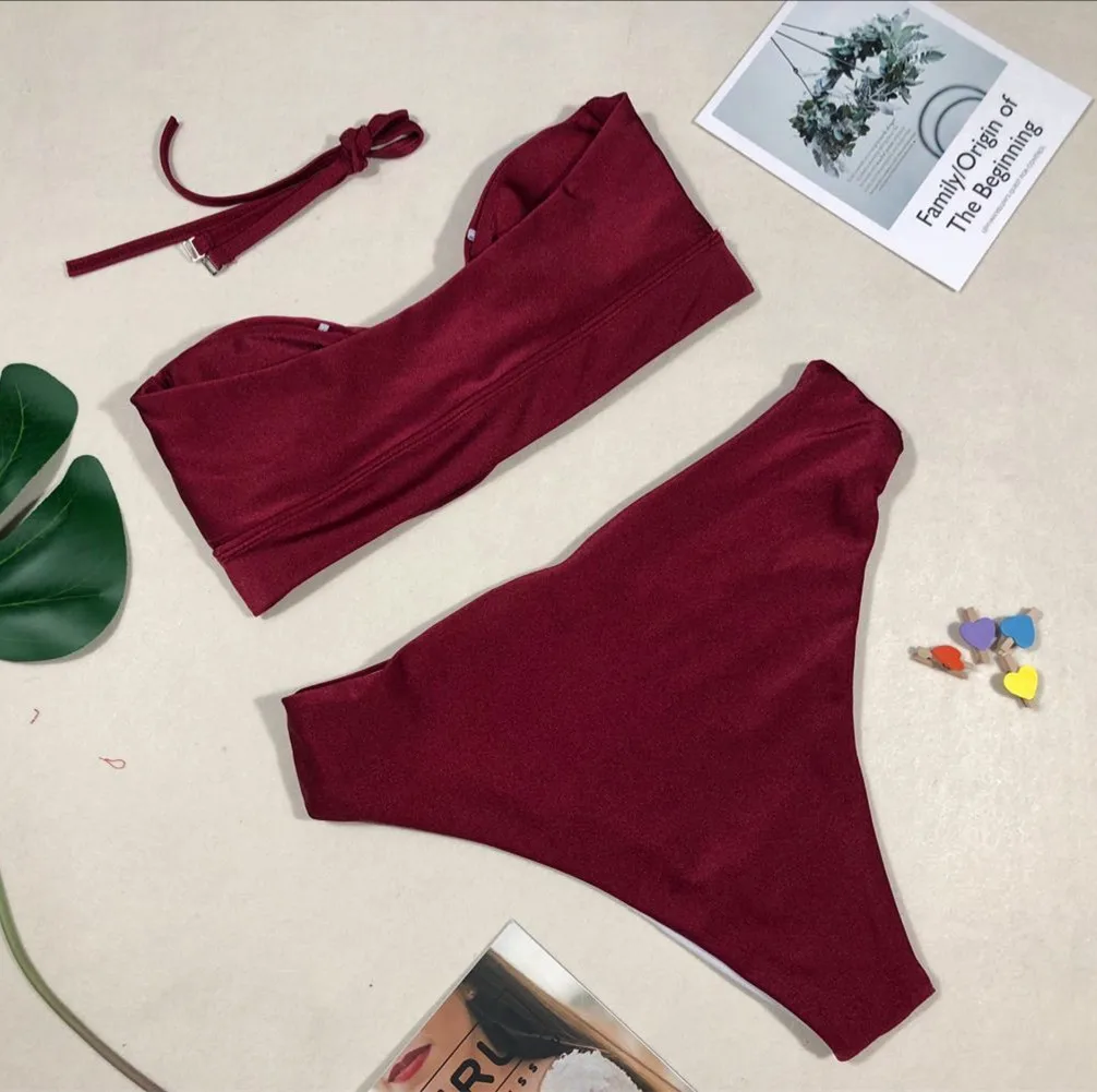 Женский купальник с высокой талией FALLINDOLL однотонное бикини пуш апом и завязками