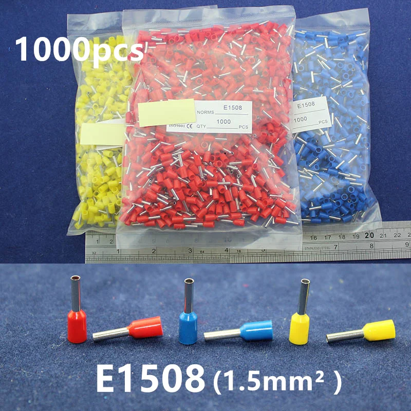 

1000Pcs Cord End Copper Tube Connectors Insulated Cord Pin End Crimp Terminals E1508 for 18-16awg wire