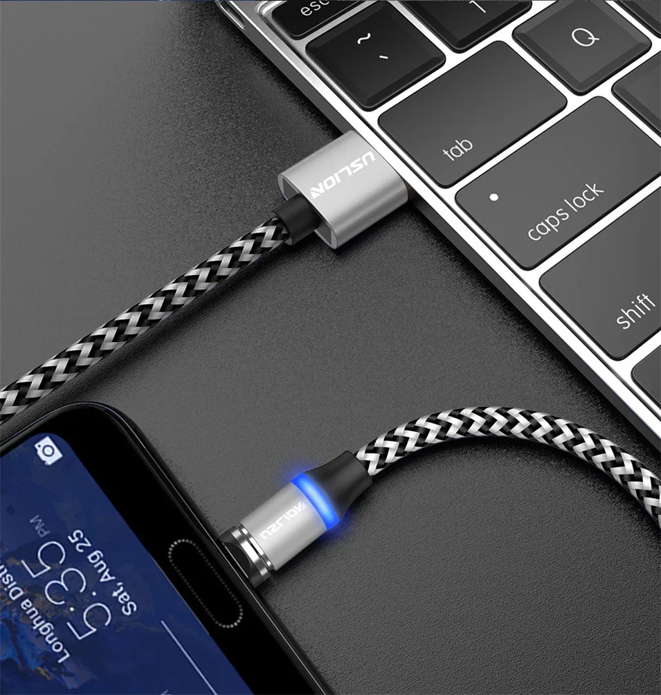 USLION Магнитный кабель 1 м светодиодный Тип C Магнит Micro USB Зарядное устройство кабель для samsung S10 iPhone X XS Max XR 7 8 6 мобильный телефон кабель с разъемом usb-c