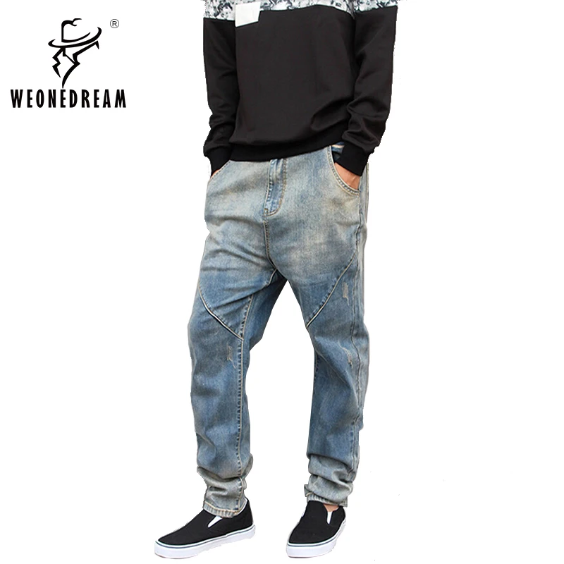 

weoneworld Hip Hop Trouser Men Vintage Harem Pants Middle Waist Denim Washed Pants for Men Baggy Pants Stretch Pencil Trousers
