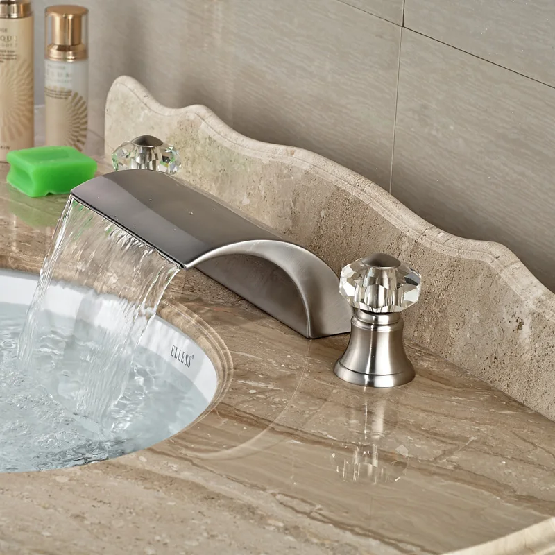 Nickel Brushed Deck Mount Waterfall Basin Sink Faucet Dual Cristal Handles 3 Holes Mixer Taps