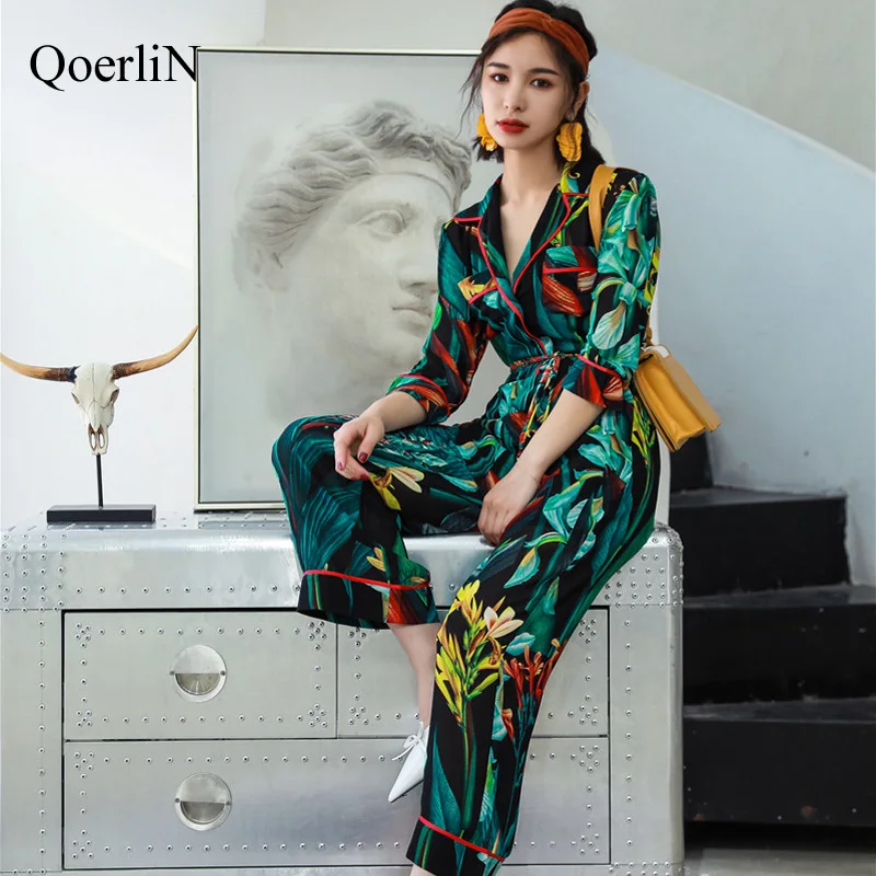 QoerliN Summer New Jumpsuit Female Holiday Printing High Waist Loose Long Trousers Chiffon One-Piece Wide-leg Overalls Women Hot Jumpsuits and Playsuits